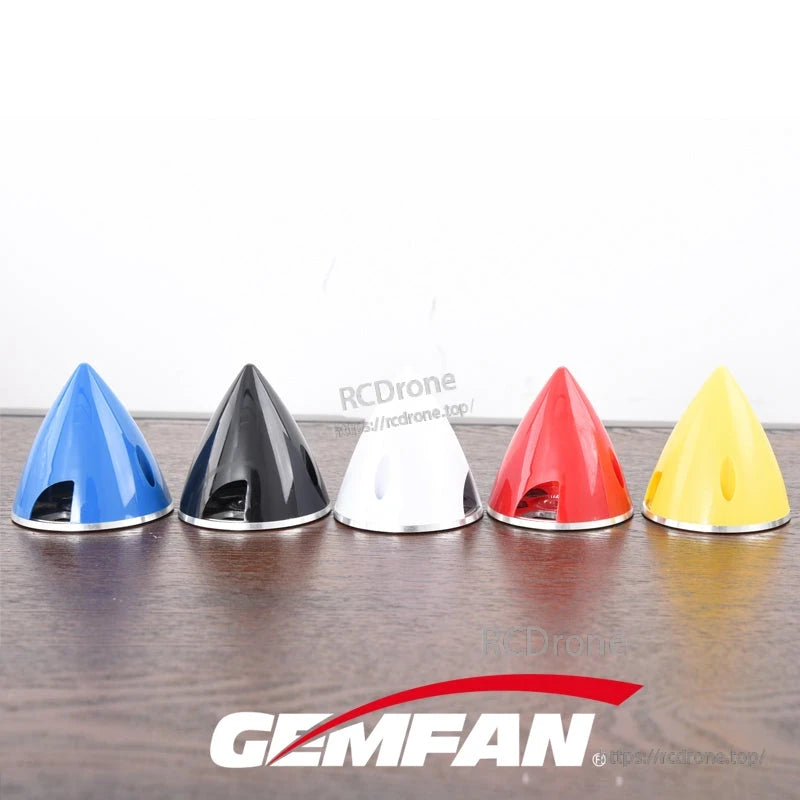 Gemfan nylon spinner cover colour options lineup: blue, black, white, red and yellow cones