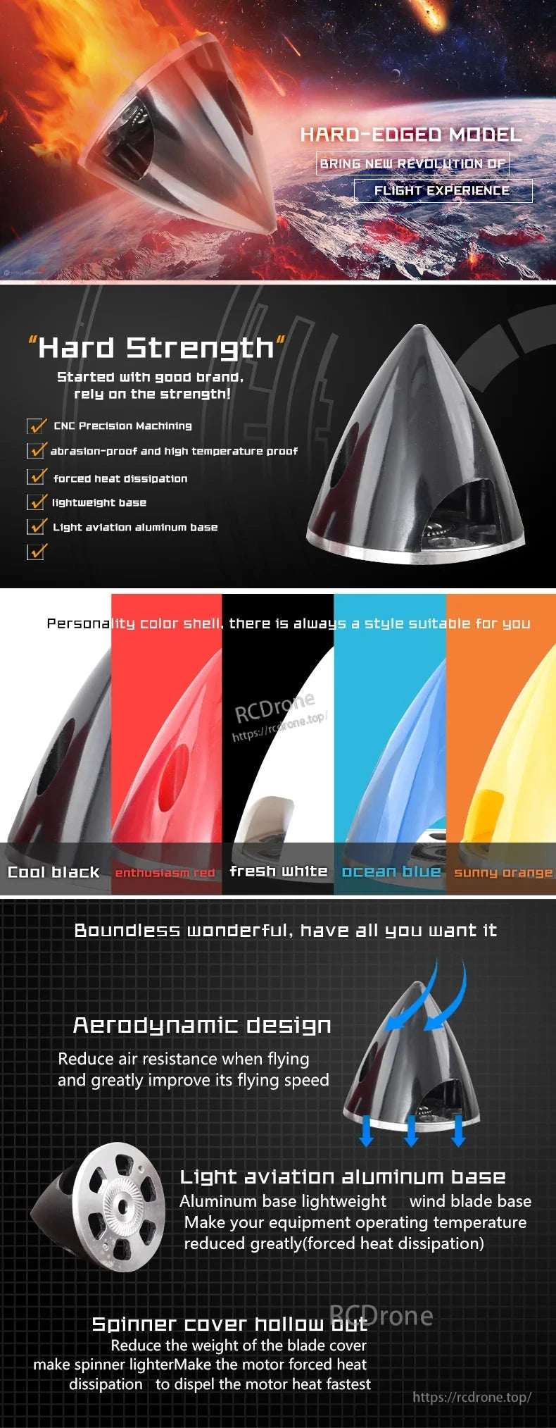 Gemfan aluminium backplate nylon spinner infographic showing CNC build, aerodynamic design, and color options (38–75mm)