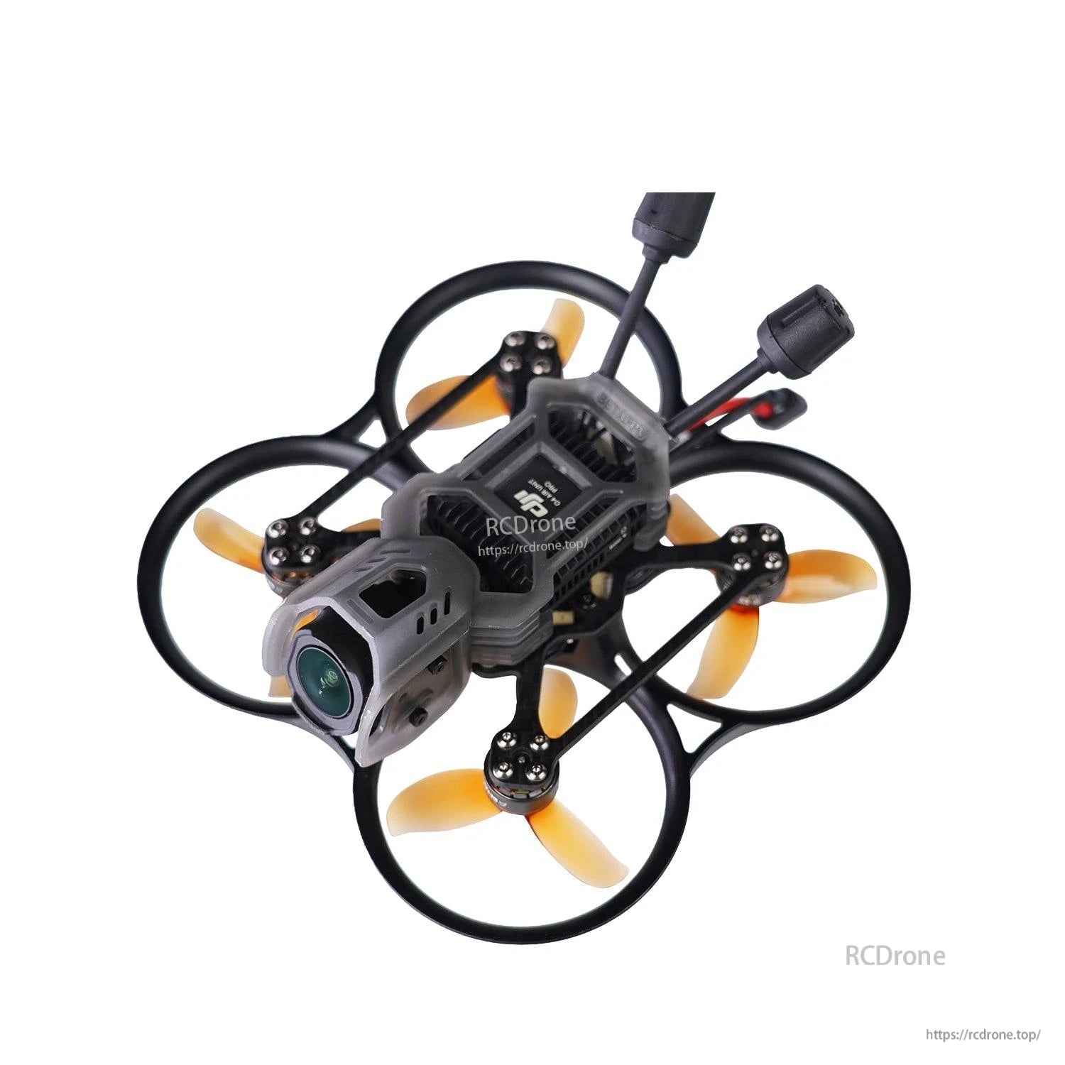 Top angle of ducted quad with amber 3-blade props installed in four prop guards