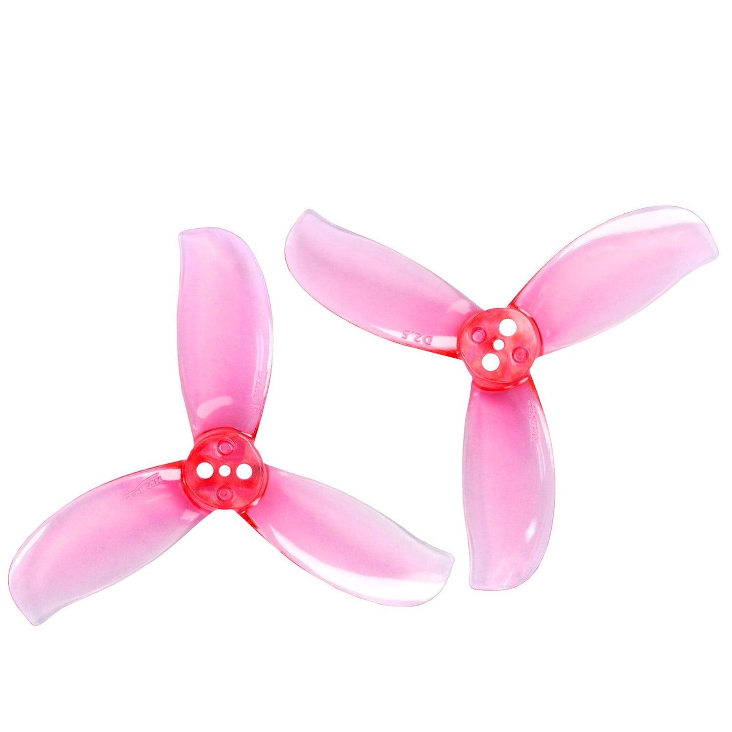 Gemfan D2.5-3 3-blade FPV propeller set in translucent pink, top view of two props