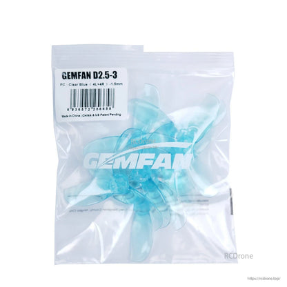 Gemfan D2.5-3 retail bag showing clear blue propeller set and barcode label
