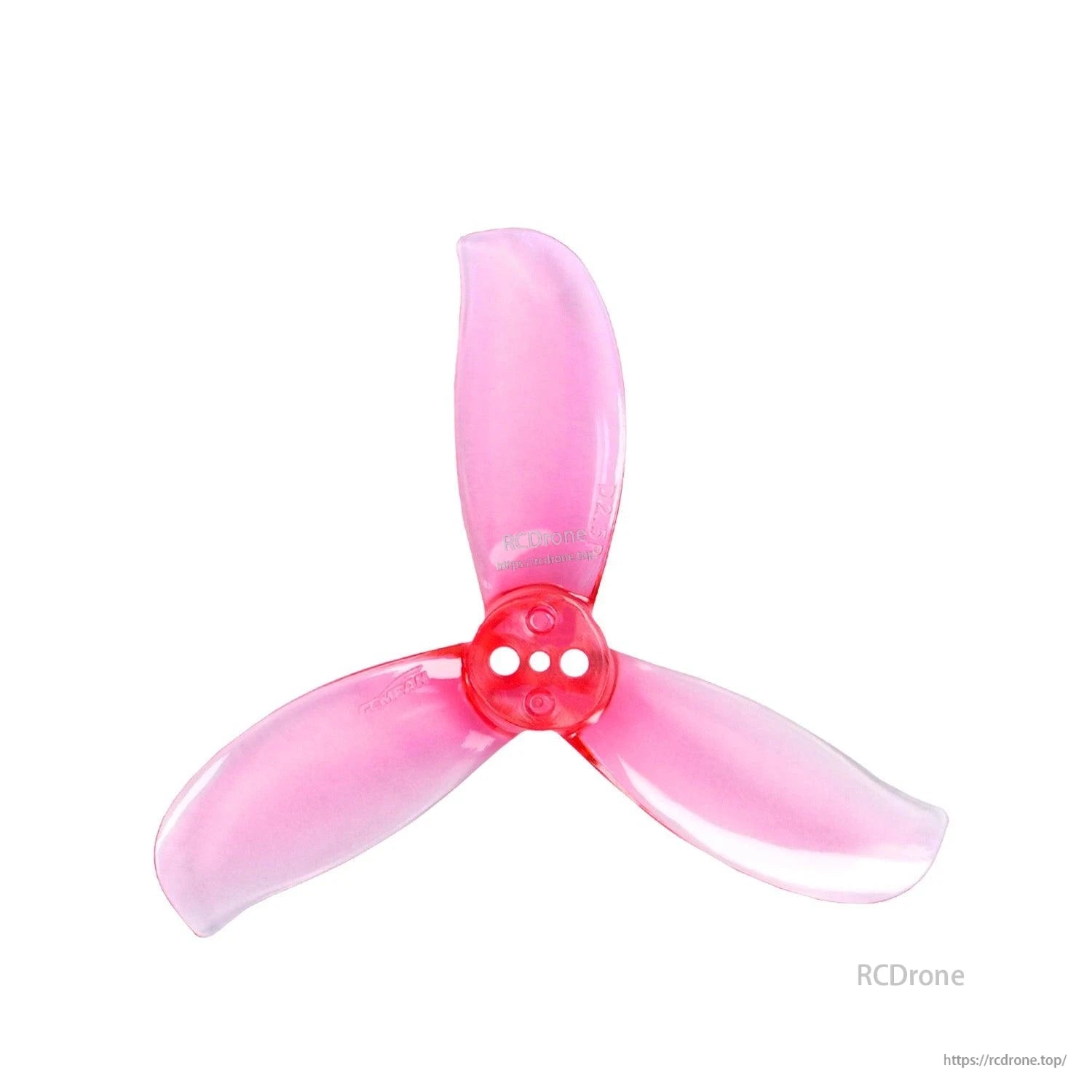 Single translucent pink 3-blade FPV propeller with red hub, top view