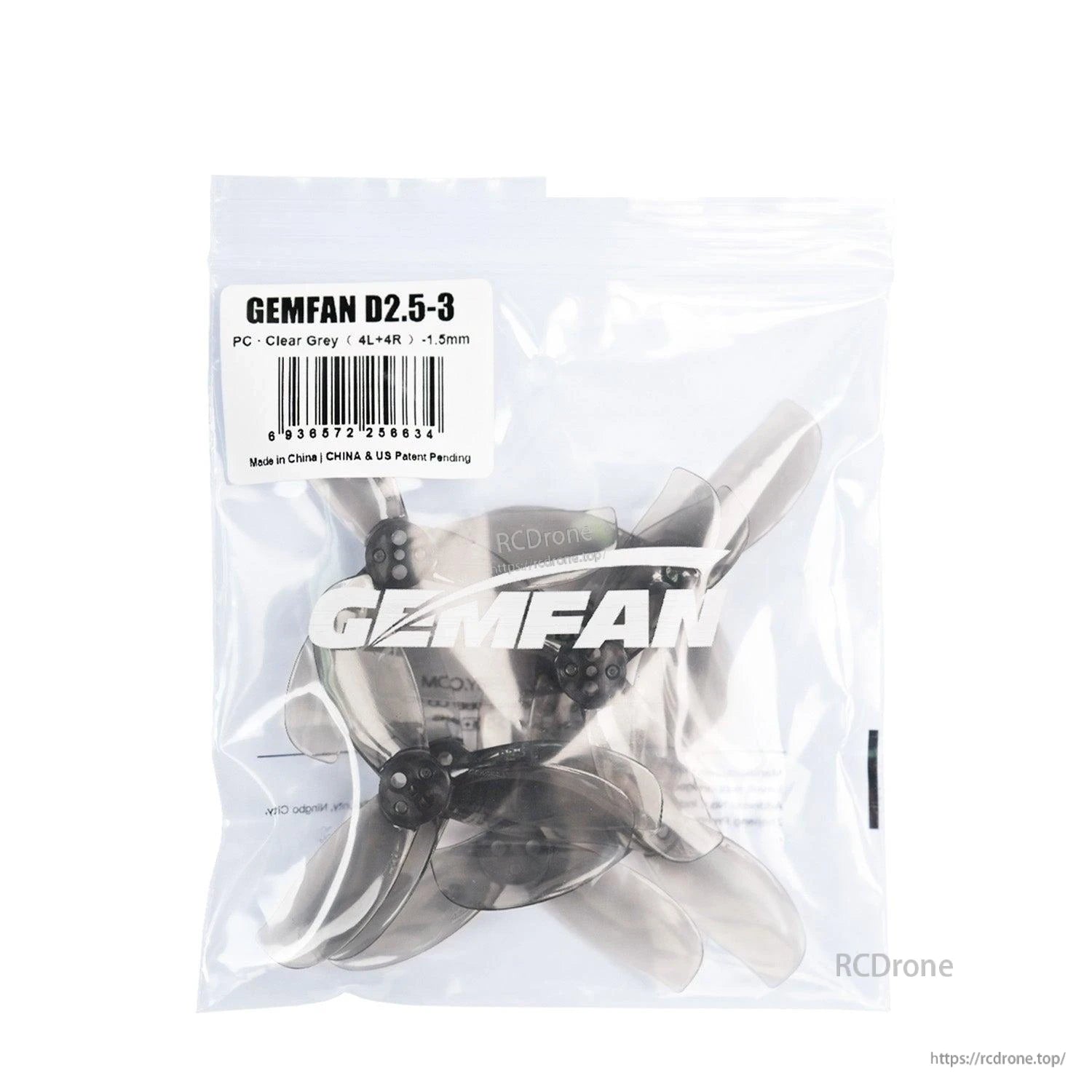 Gemfan D2.5-3 retail bag with clear gray propeller set and barcode label