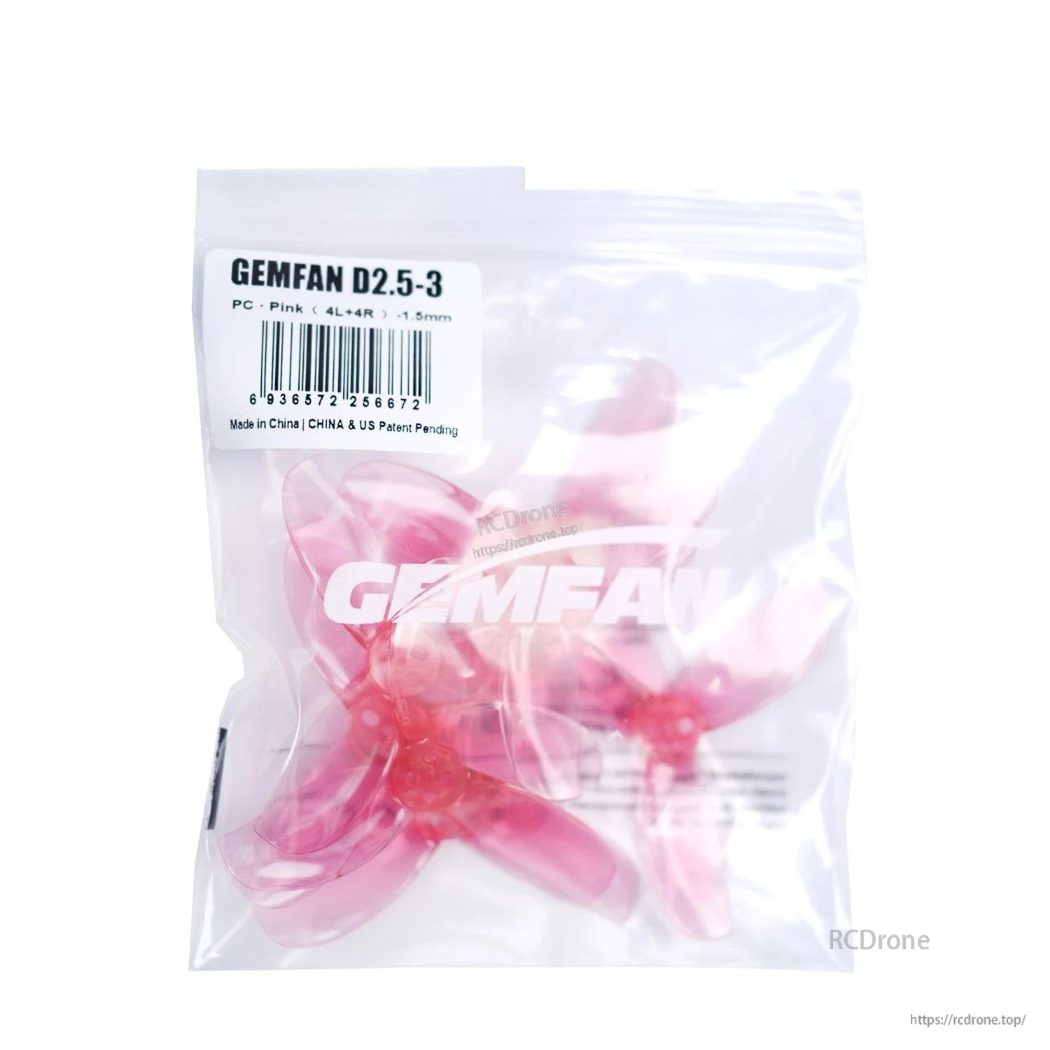 Gemfan D2.5-3 propellers in retail bag, pink set with barcode label visible