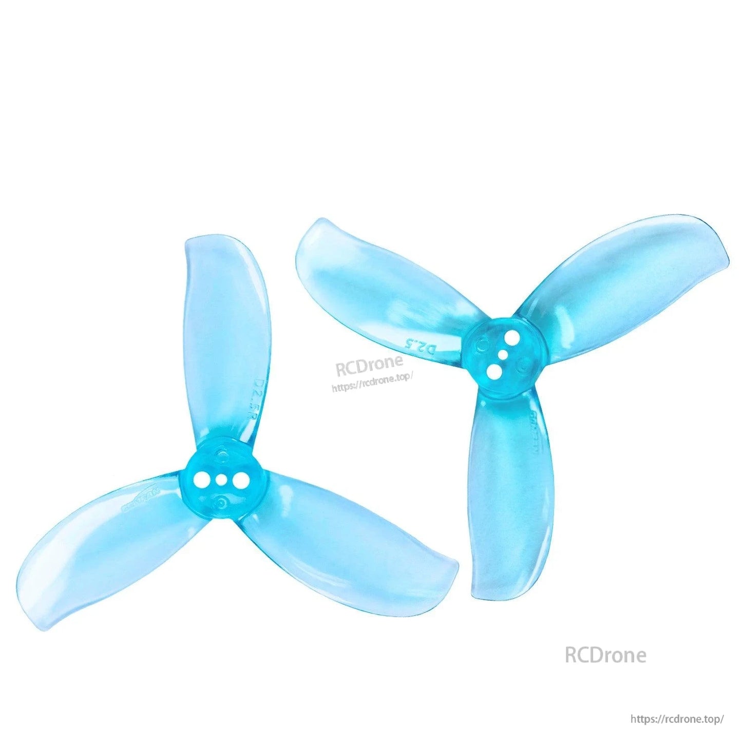 Clear blue 3-blade propeller pair showing opposite rotation (CW and CCW) props