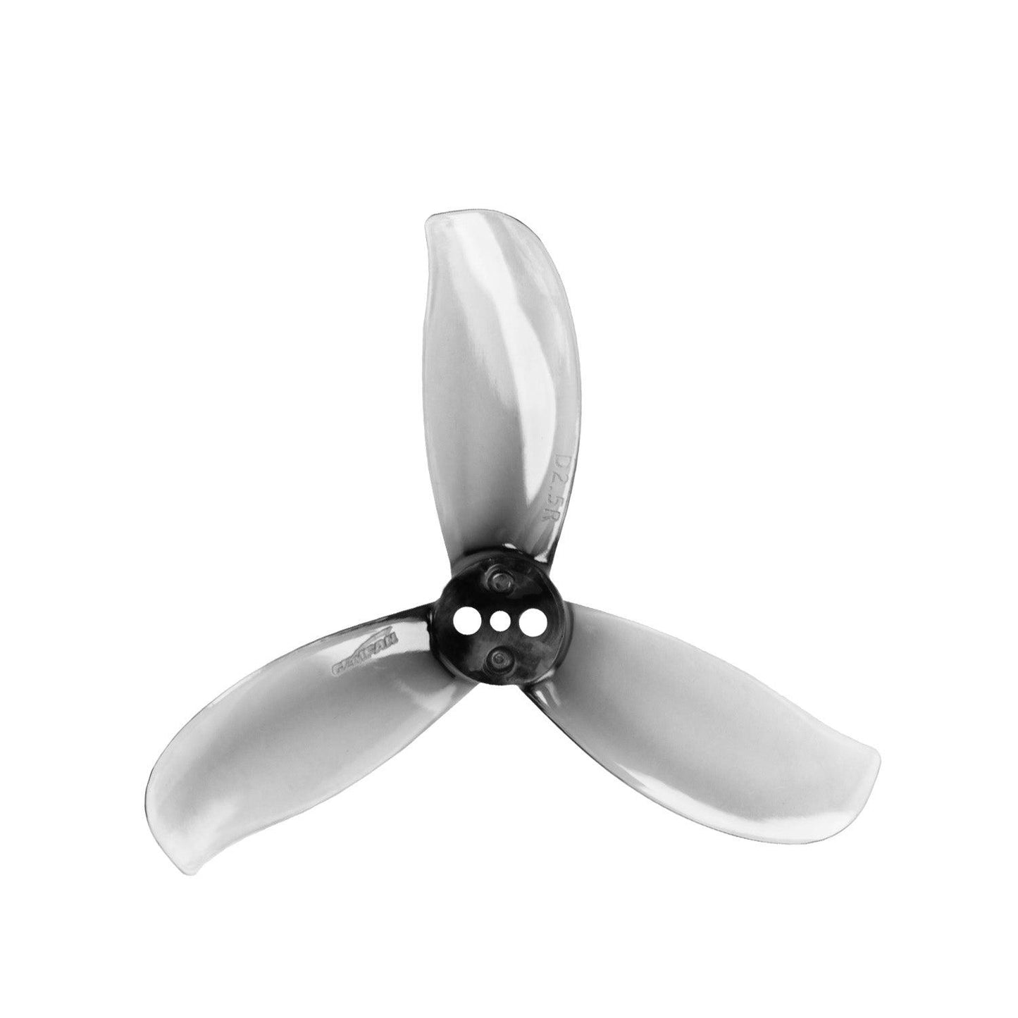 Single 3-blade FPV propeller in clear gray with black hub, top-down view