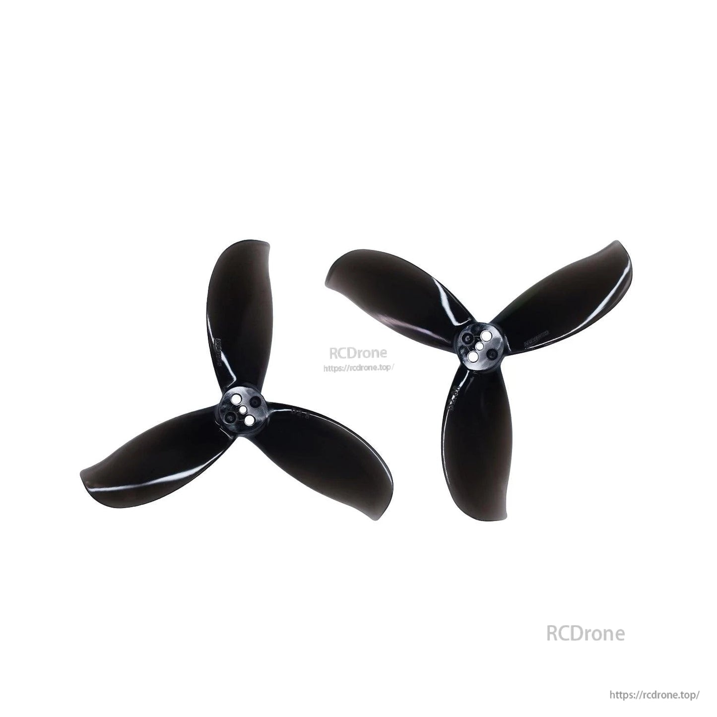 Pair of black 3-blade ducted props shown as clockwise and counterclockwise rotation set