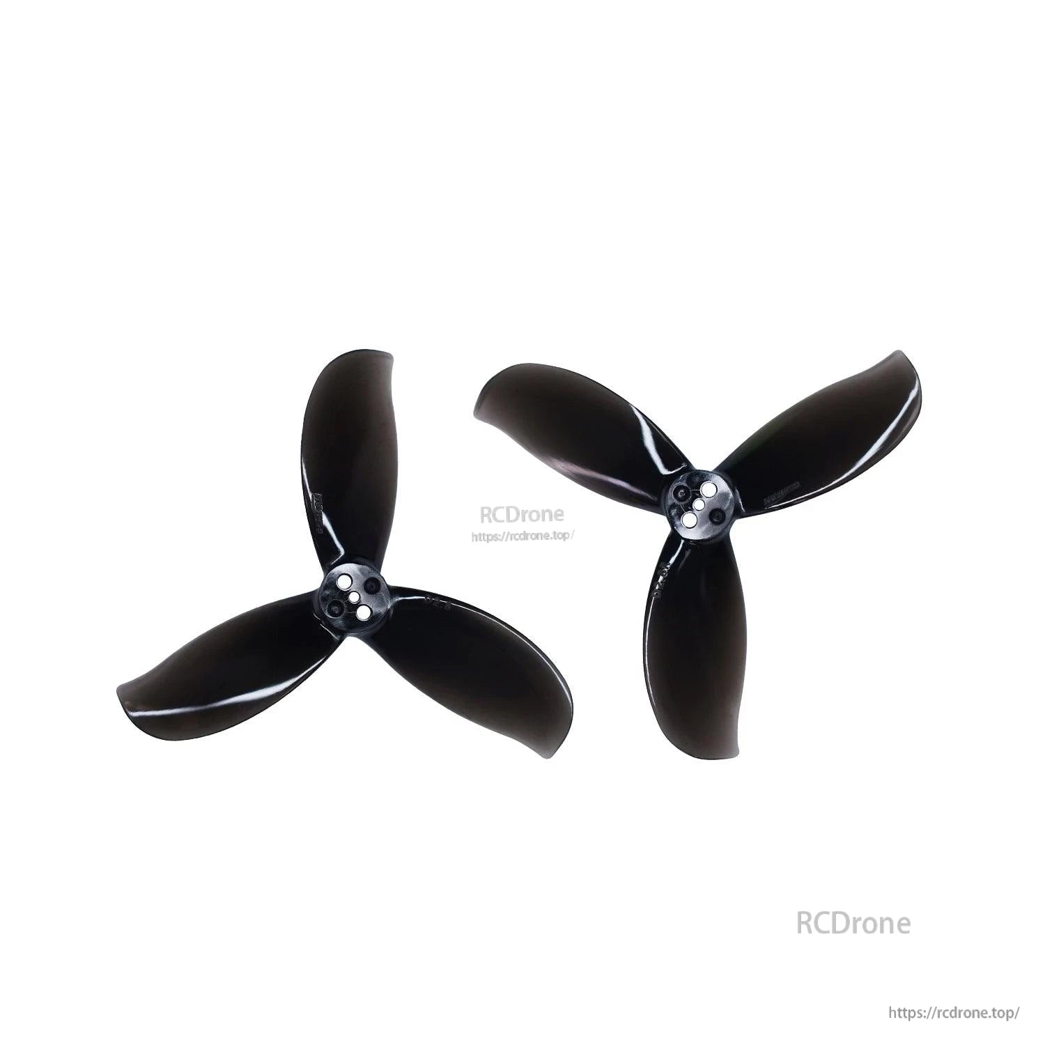 Pair of black 3-blade ducted props shown as clockwise and counterclockwise rotation set