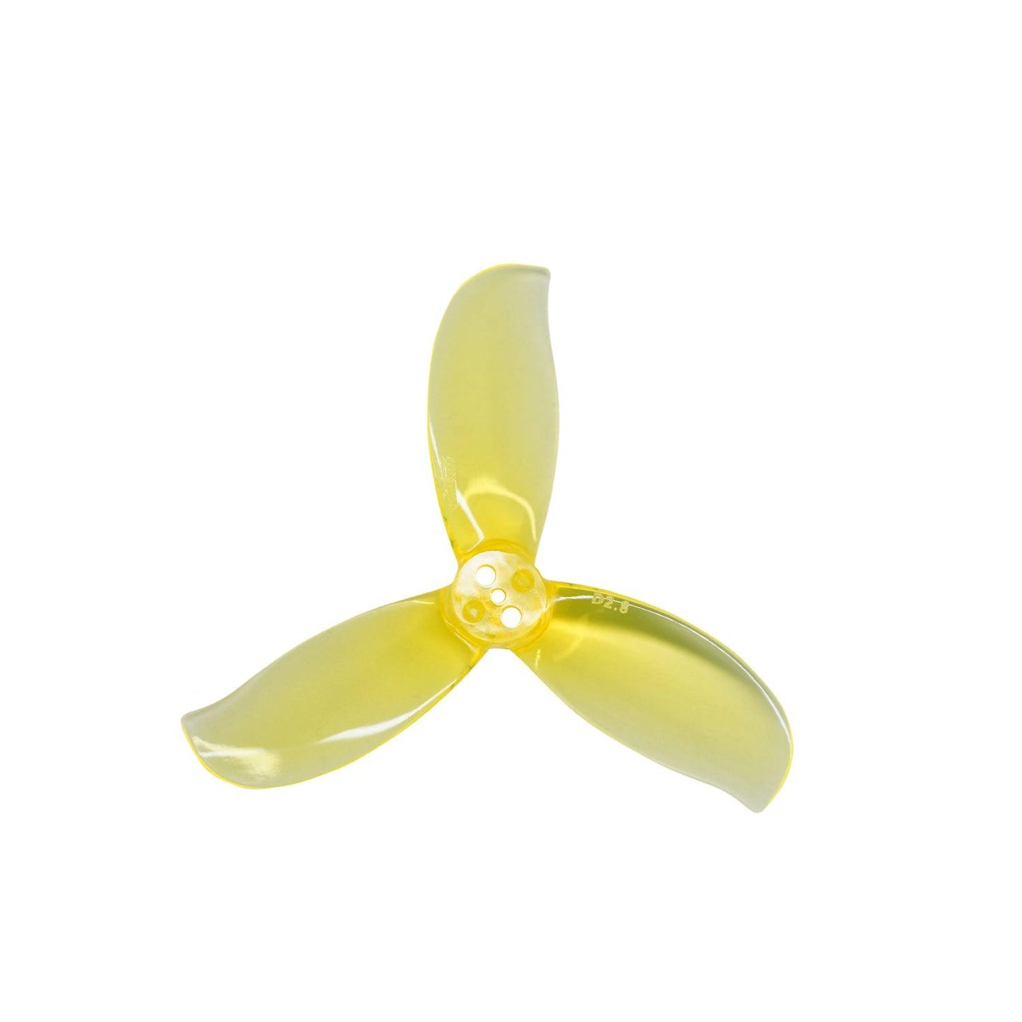Single translucent yellow 3-blade propeller close-up showing hub and blade shape