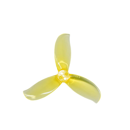 Single translucent yellow 3-blade propeller close-up showing hub and blade shape