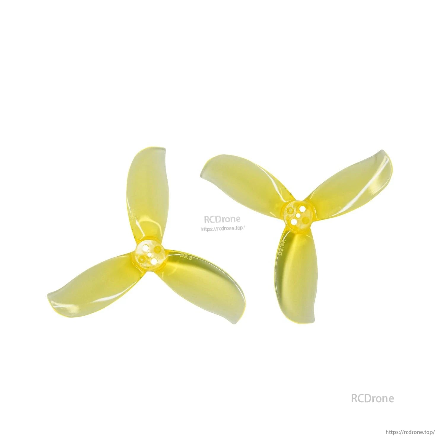 Pair of translucent yellow 3-blade props shown as clockwise and counterclockwise rotation set