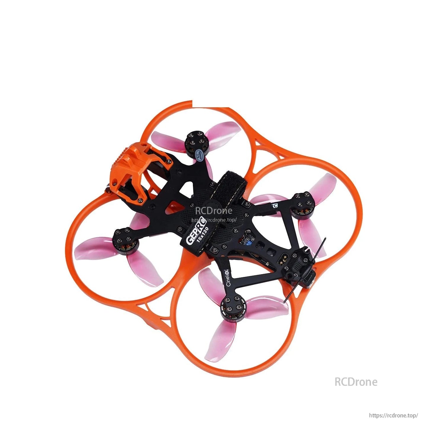 Gemfan D3-3 ducted PC 3-blade propeller in pink mounted on an orange-ducted FPV quad frame