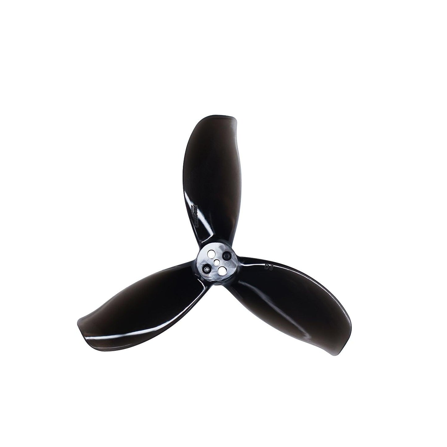 Black 3-blade propeller close-up showing blade profile and 5-hole mounting hub
