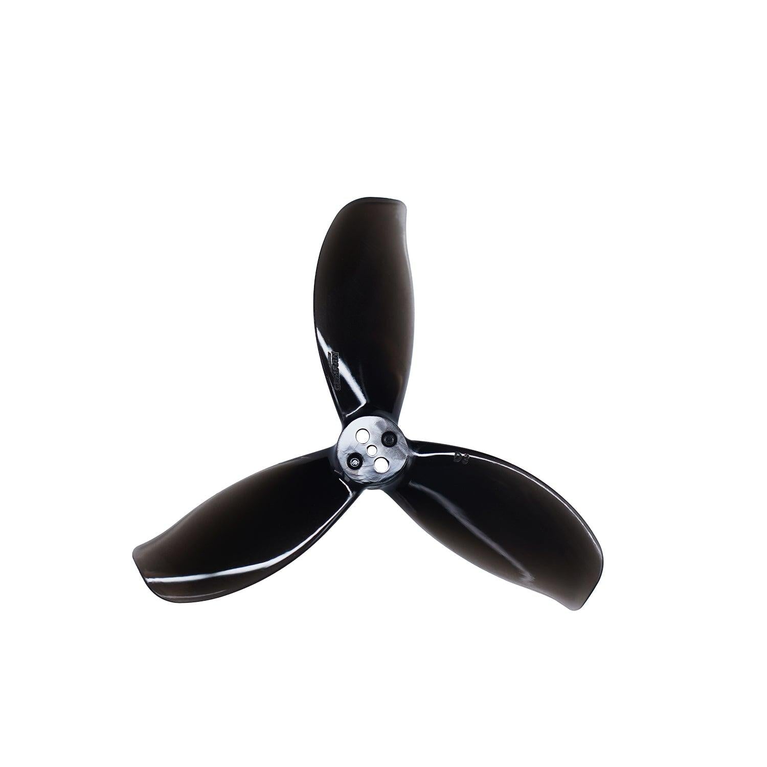 Black 3-blade propeller close-up showing blade profile and 5-hole mounting hub