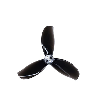 Black 3-blade propeller close-up showing blade profile and 5-hole mounting hub