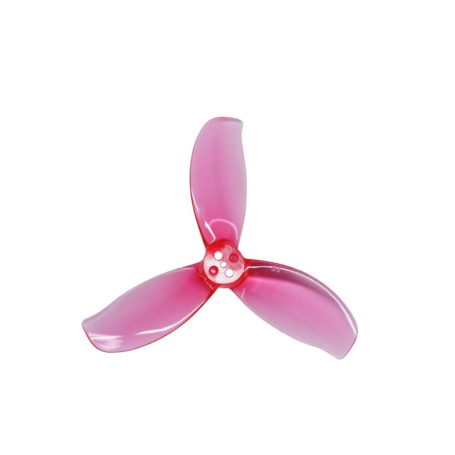 Transparent pink 3-blade drone propeller with 5-hole hub, Gemfan D3-3 style