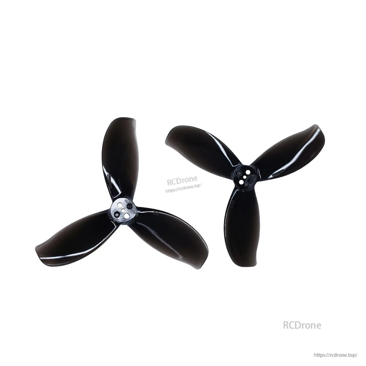 Two black 3-blade propellers with 5-hole hubs, matched pair for ducted 3-inch setup