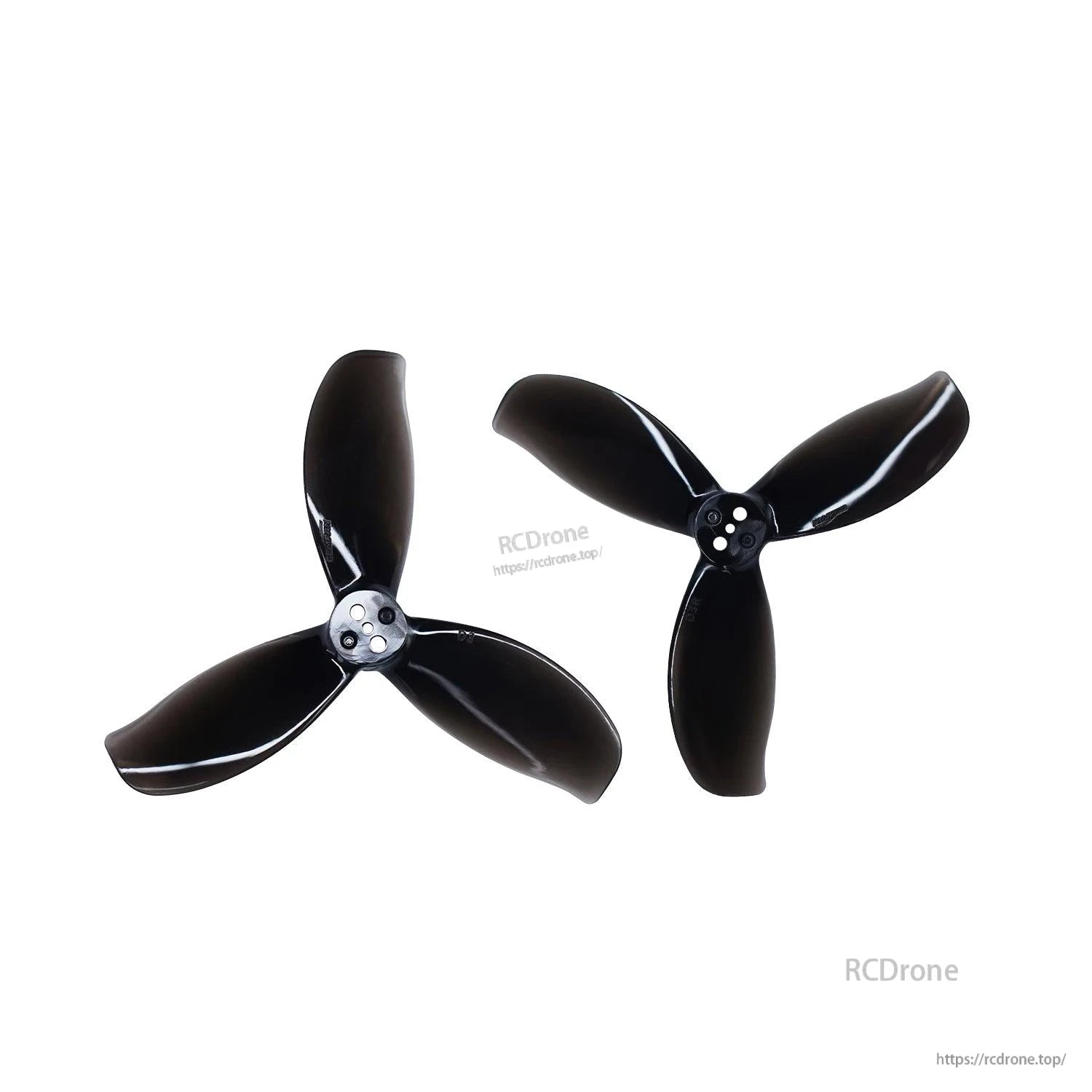 Two black 3-blade propellers with 5-hole hubs, matched pair for ducted 3-inch setup