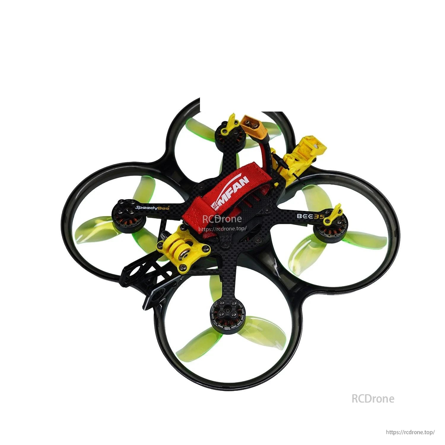 Ducted cinewhoop-style quadcopter shown with neon green 3-blade propellers installed