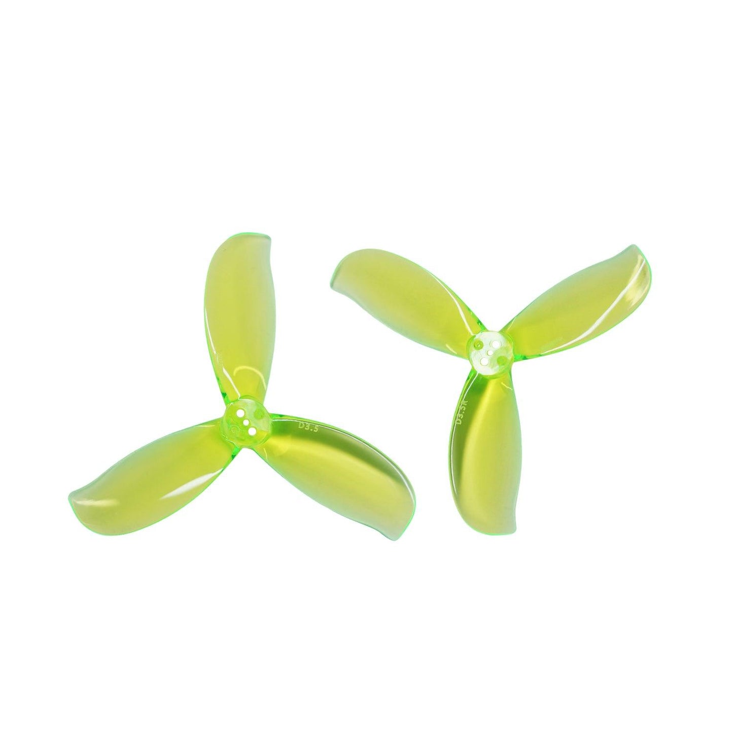 Neon green tri-blade drone propellers shown as a pair, top and side angle views