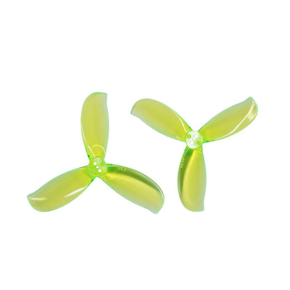 Neon green tri-blade drone propellers shown as a pair, top and side angle views