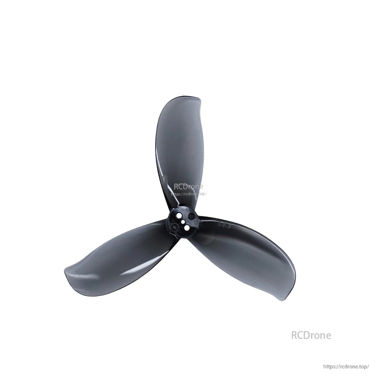 Dark gray 3-blade propeller close-up showing curved blade profile and hub mounting holes