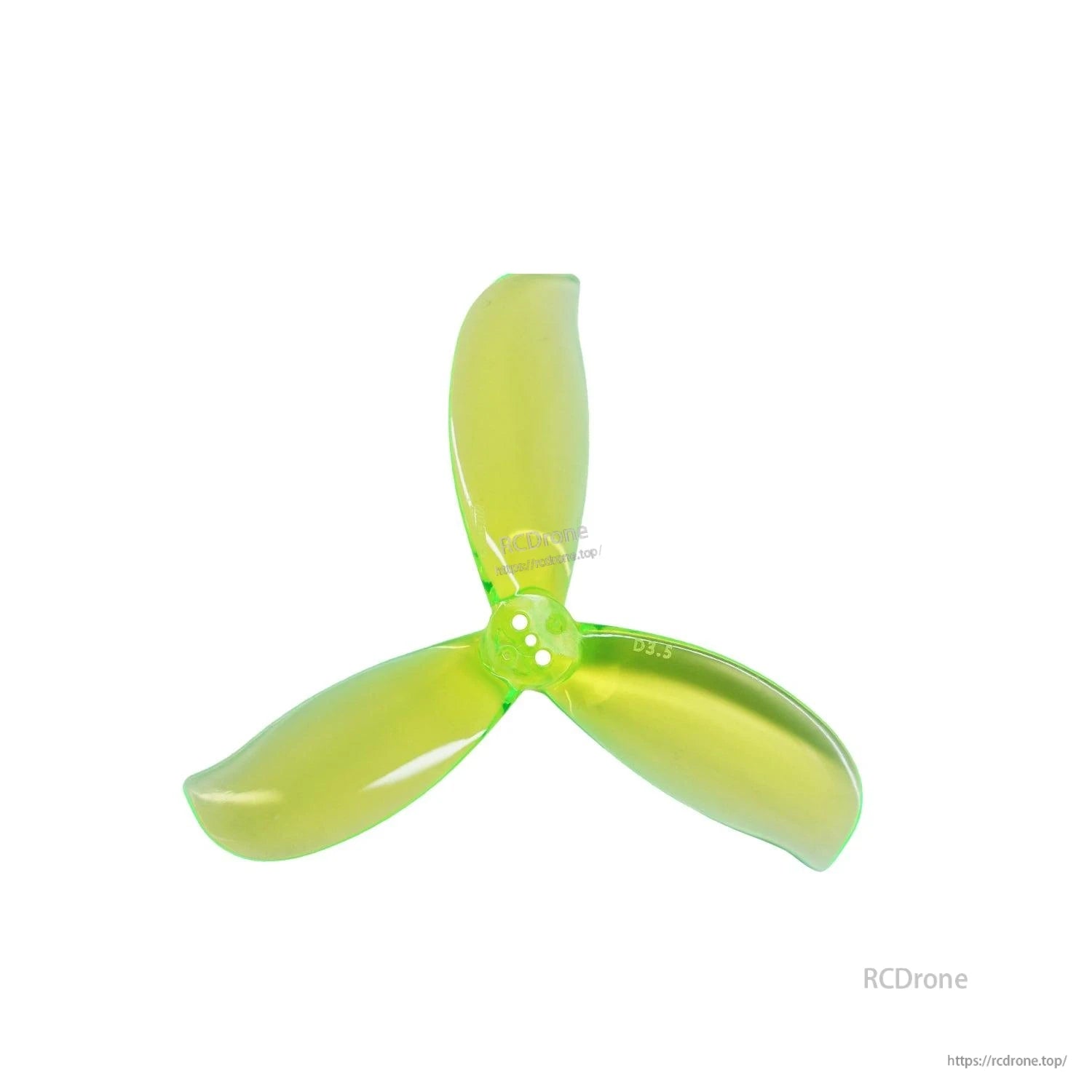 Gemfan D3.5-3 ducted PC 3-blade propeller in neon green, close-up of hub and blades