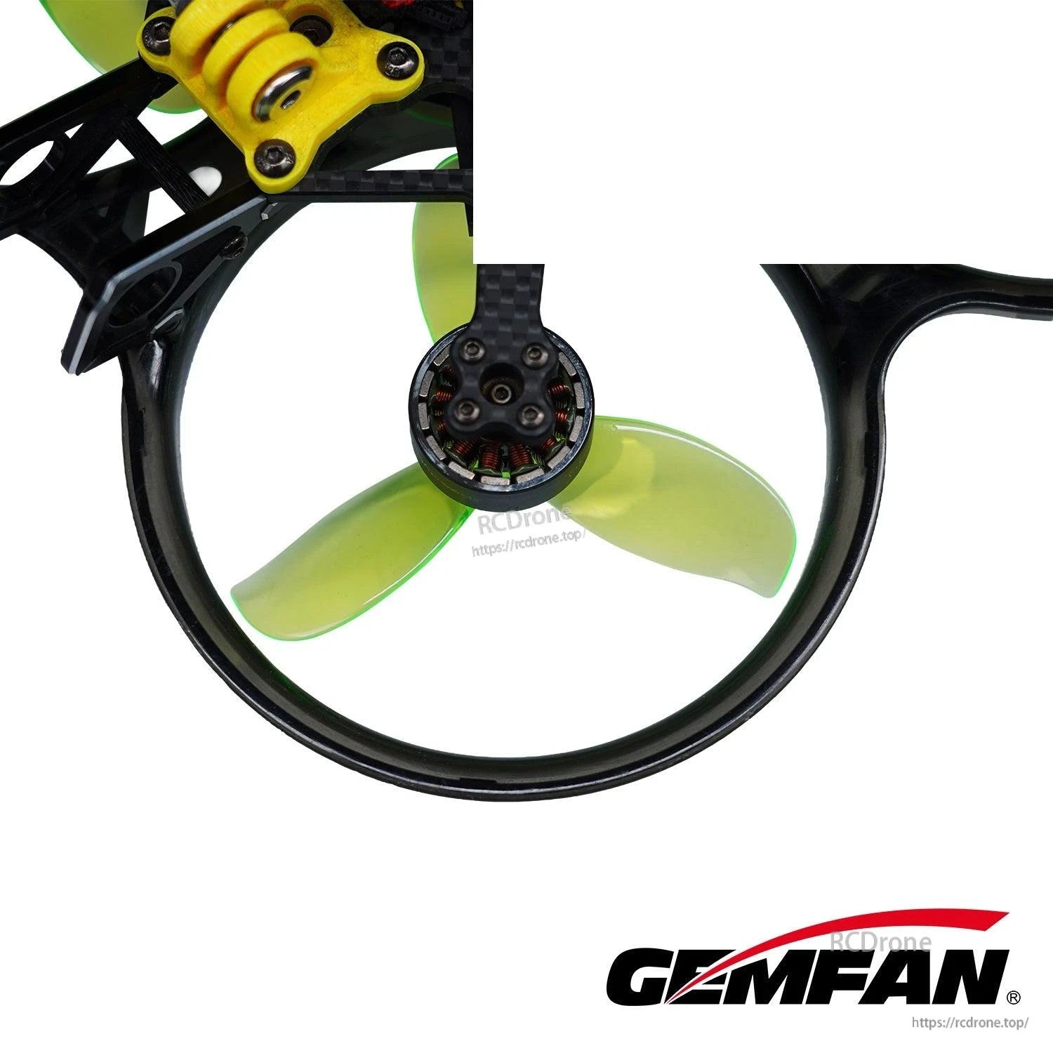 Close-up of neon green tri-blade propeller installed in a ducted frame around a brushless motor