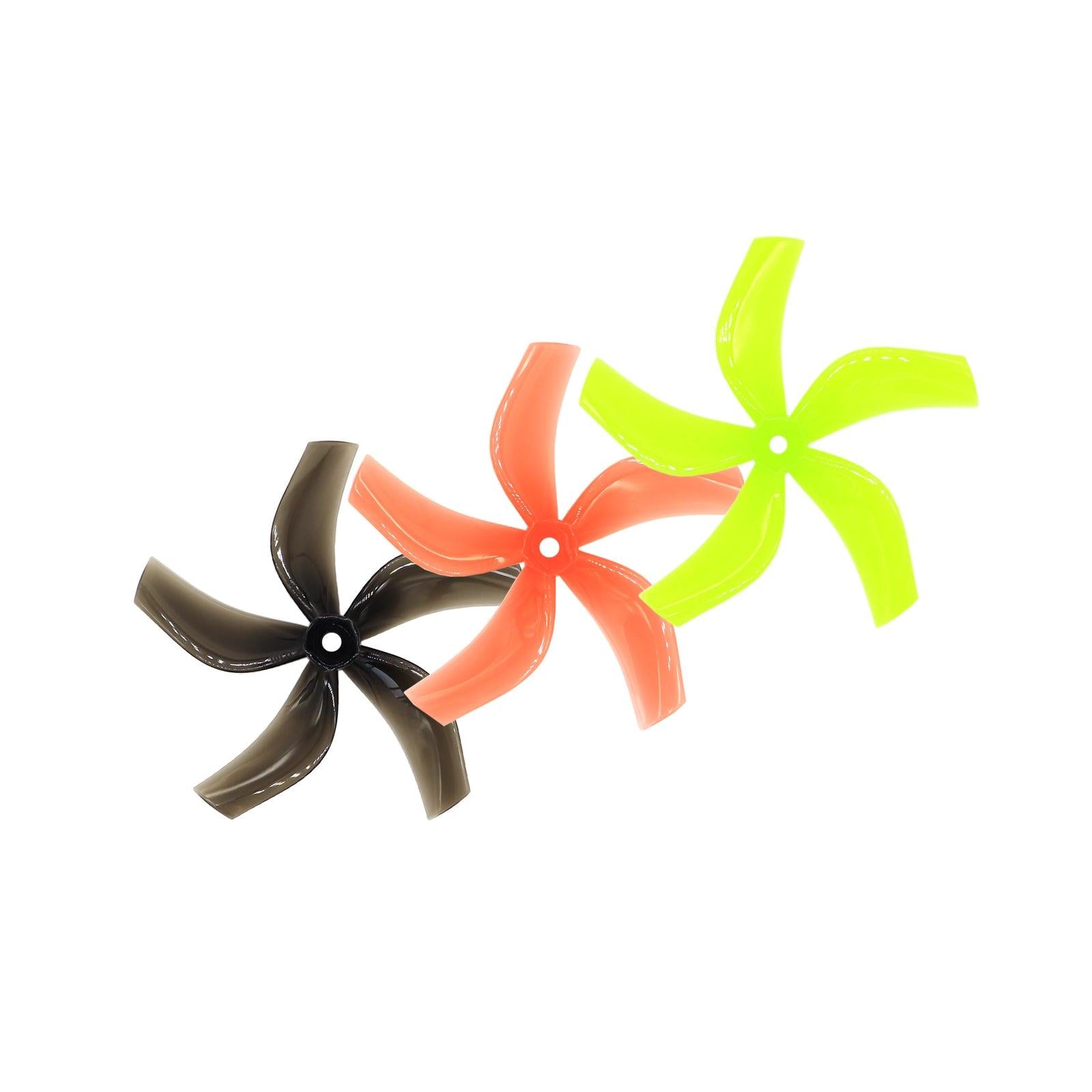 Gemfan D4-5 PC 4in 5-blade propeller set shown in three colors: neon green, orange, and smoke black