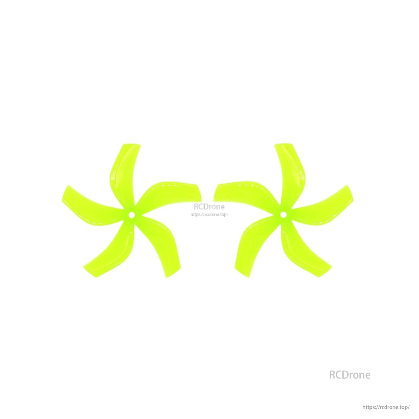 Pair of neon green 5-blade 4-inch drone propellers shown as left and right rotation set