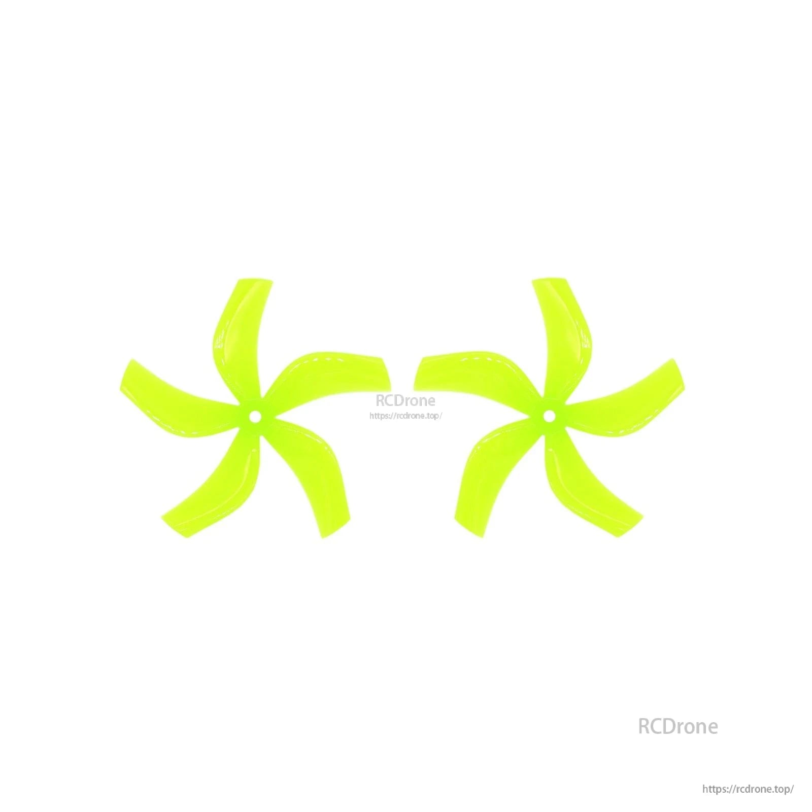 Pair of neon green 5-blade 4-inch drone propellers shown as left and right rotation set