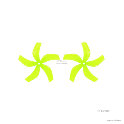 Pair of neon green 5-blade 4-inch drone propellers shown as left and right rotation set