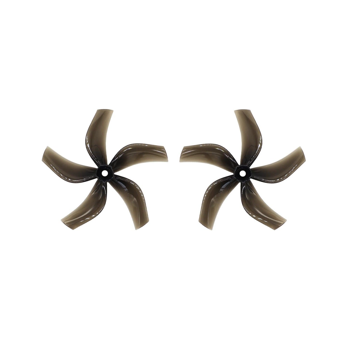 Pair of smoke black 5-blade 4-inch drone propellers on white background, top view
