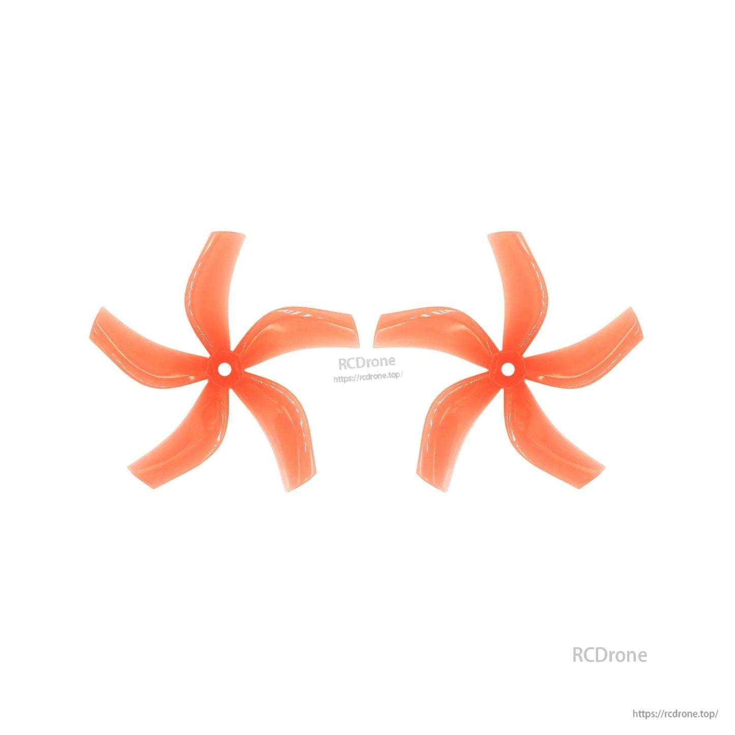 Pair of orange 5-blade 4-inch drone propellers with center mounting hole, top view