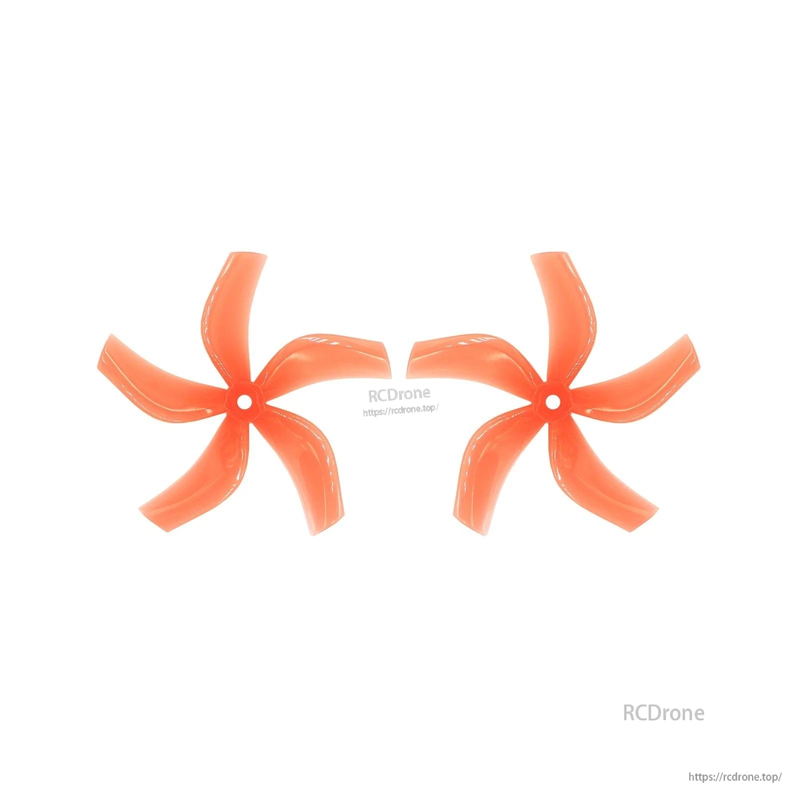 Pair of orange 5-blade 4-inch drone propellers with center mounting hole, top view