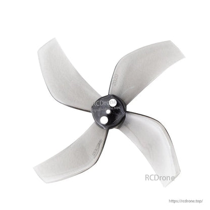 Smoke gray 4-blade drone propeller with black hub and 3-hole mount, top view