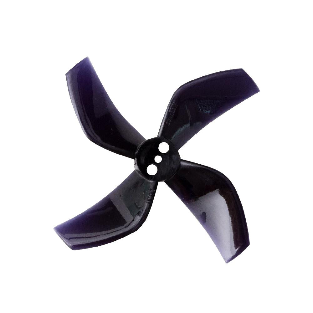 Glossy black 4-blade cinewhoop propeller with 3-hole mounting hub, top view
