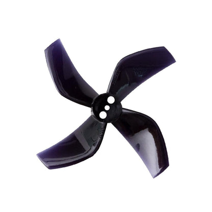 Glossy black 4-blade cinewhoop propeller with 3-hole mounting hub, top view