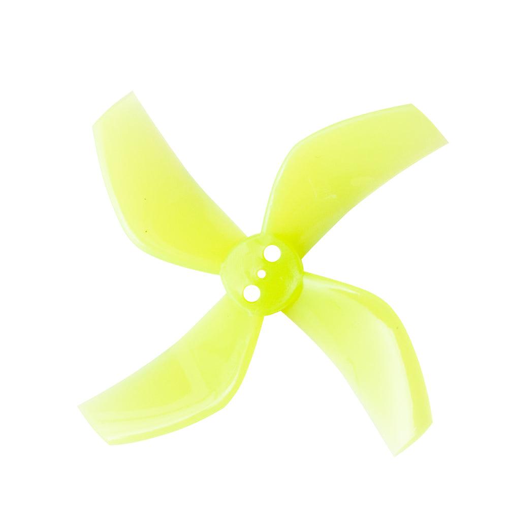 Translucent neon yellow 4-blade cinewhoop propeller with 3-hole mounting hub, top view