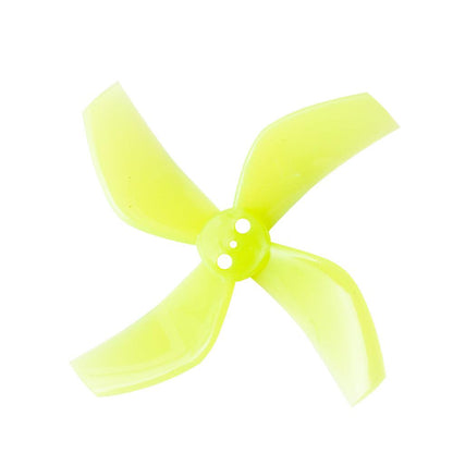 Translucent neon yellow 4-blade cinewhoop propeller with 3-hole mounting hub, top view
