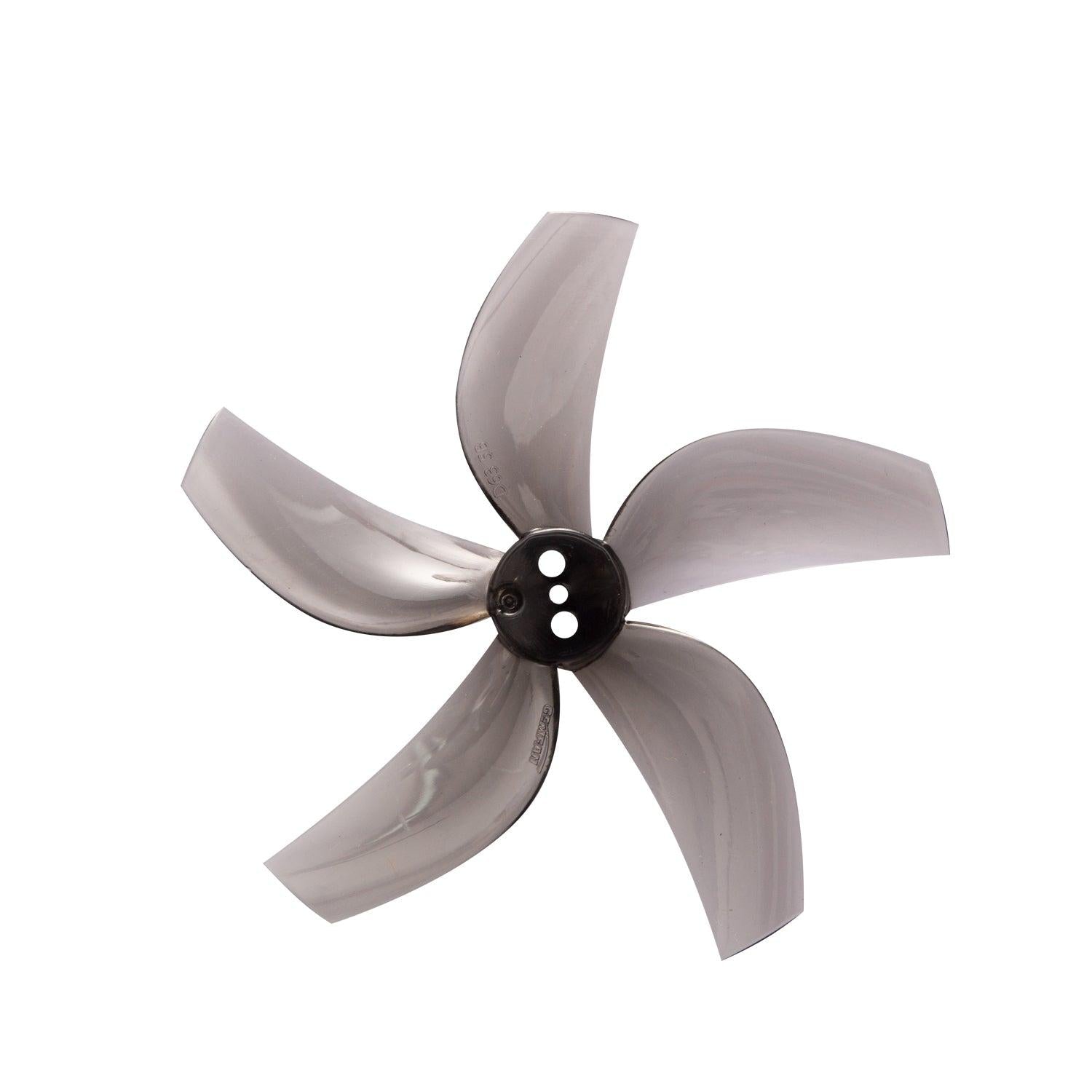 Gemfan D63-5 2.5in cinewhoop 5-blade propeller, smoke gray, top view
