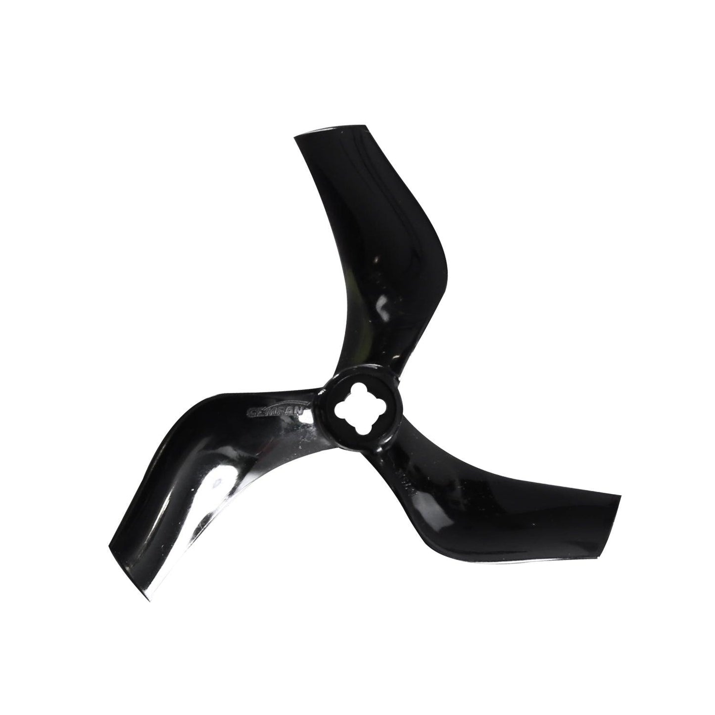 Gemfan D75-3 3-Inch Cinewhoop 3-Blade Propeller in black, top view with clover-style hub