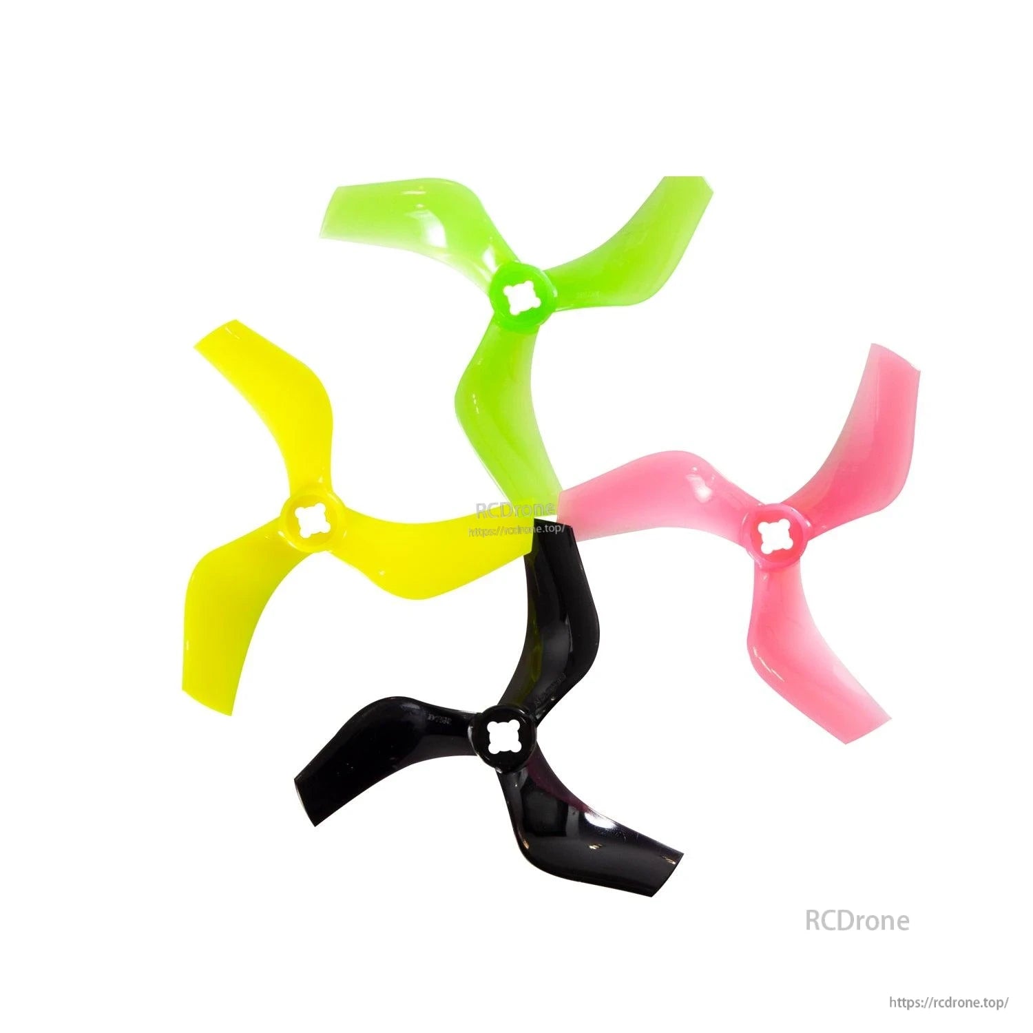 Gemfan D75-3 3-inch cinewhoop 3-blade propeller set in four colors: black, yellow, green, pink
