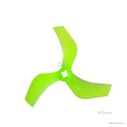 Neon green 3-blade cinewhoop prop with clover hub opening, translucent finish
