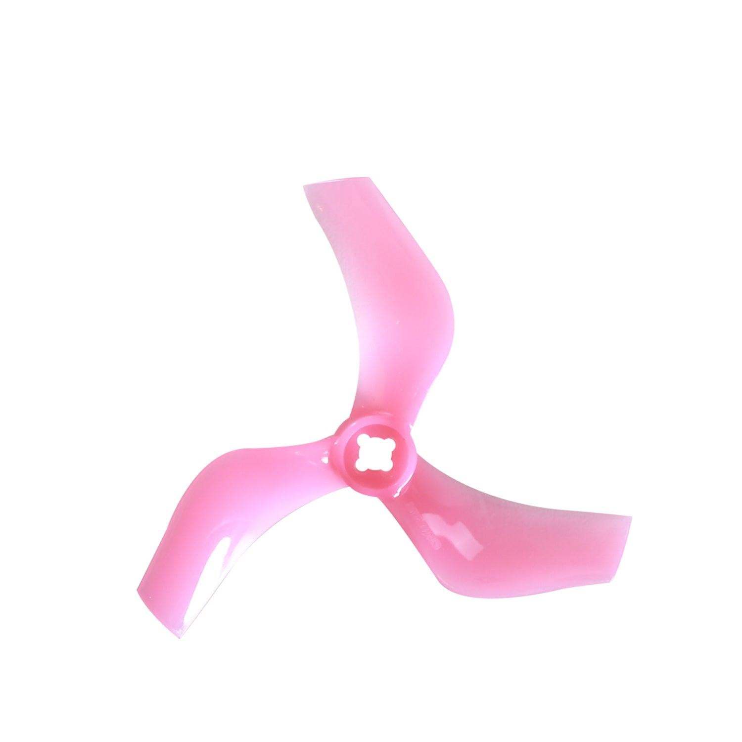 Pink translucent 3-blade cinewhoop propeller with clover hub cutout, isolated