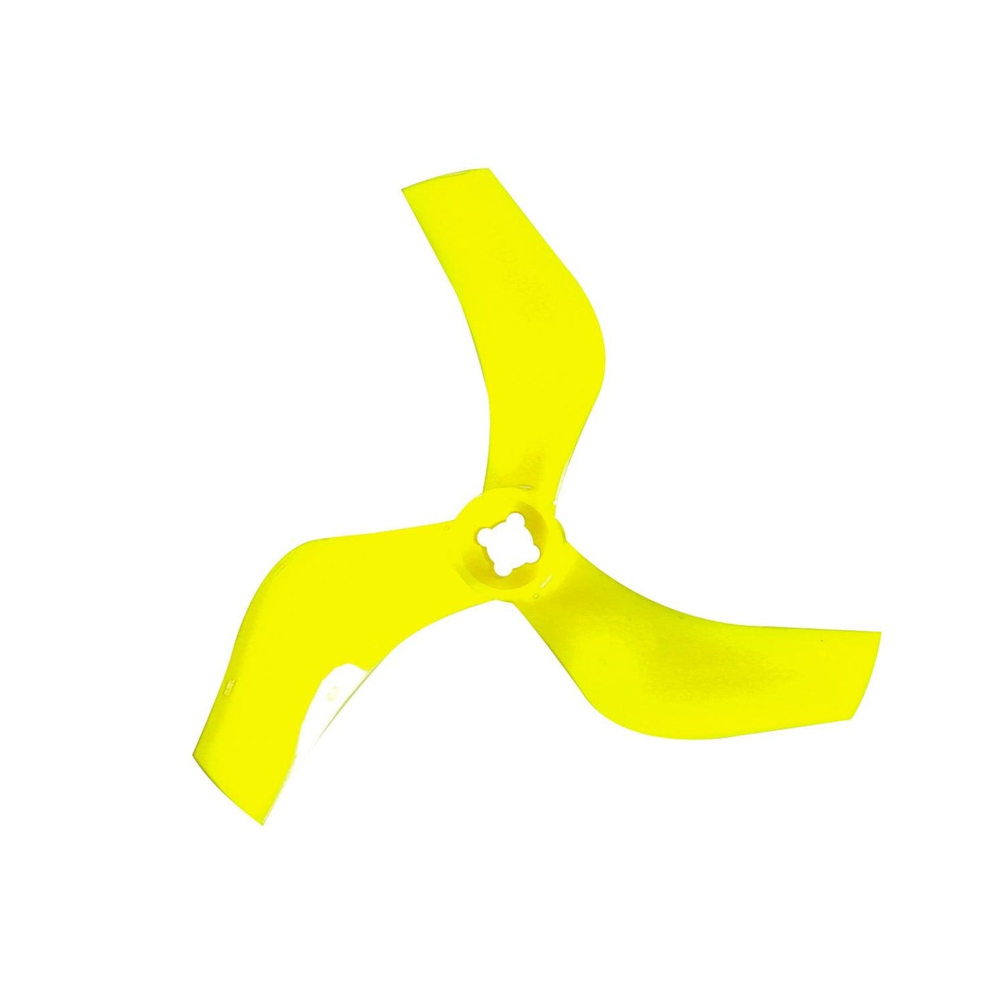 Yellow 3-blade cinewhoop drone propeller, D75-3 style hub cutout, isolated on white