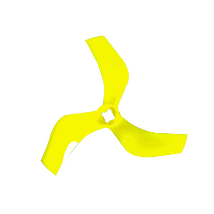 Yellow 3-blade cinewhoop drone propeller, D75-3 style hub cutout, isolated on white