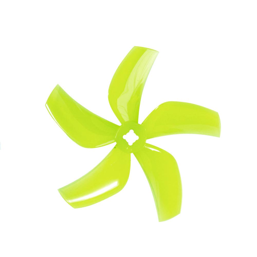 Neon yellow 5-blade 76mm cinewhoop propeller with T-mount center hub