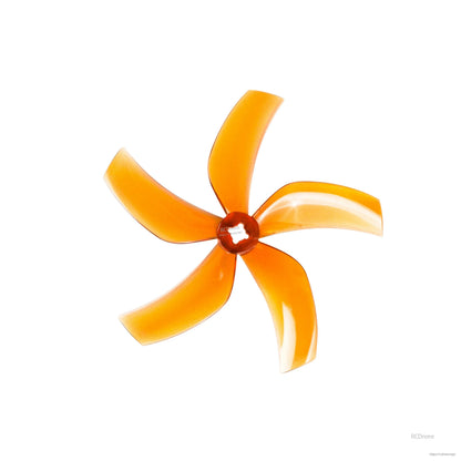 Transparent orange 5-blade cinewhoop propeller, top view showing curved blade shape
