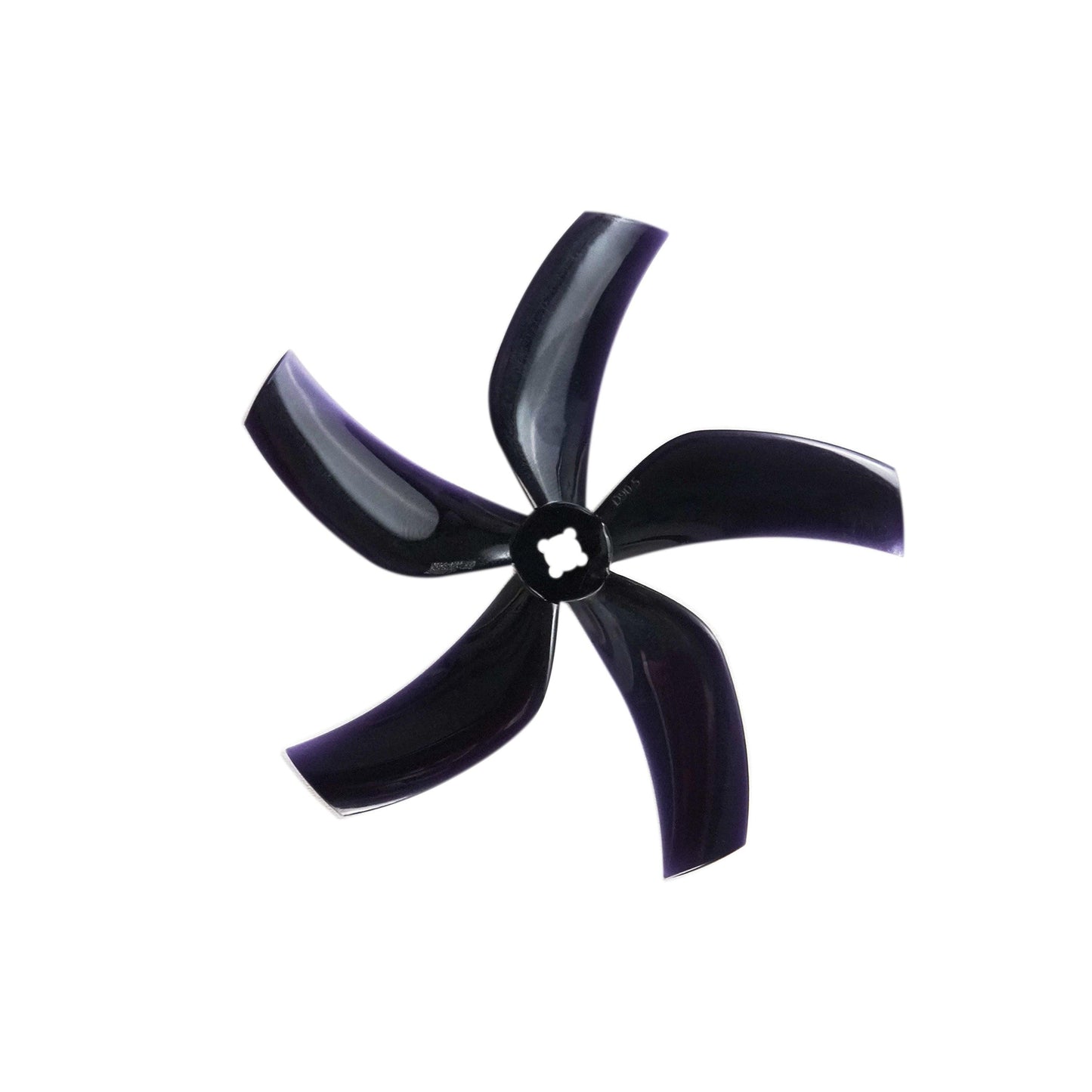 Black 5-blade 90mm FPV propeller close-up, top view with hub detail